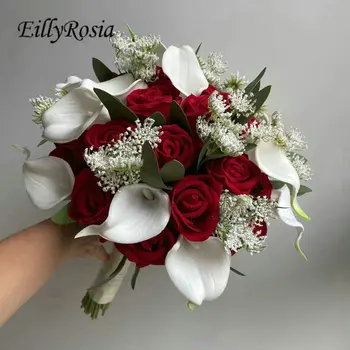EillyRosia Alb și Roșu, Buchet de Mireasa Calla Lily Trandafiri Greenary Frunze de Eucalipt Tur de Onoare cu Flori Artificiale
