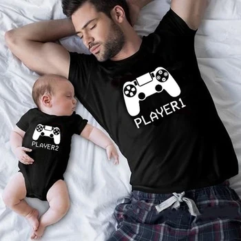 1 buc Player 1 Player 2 Amuzant Tatăl și Fiul Uite Tricou de Vara cu Maneci Scurte T-Shirt Pentru Tati Baby Body Familie de Potrivire Haine