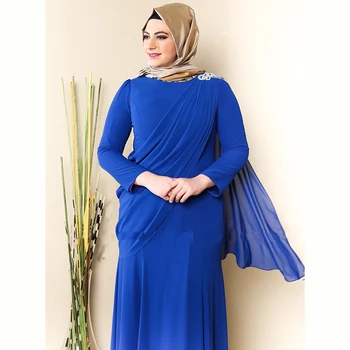 2018 Halat De Serată Musulman Albastru de Înaltă Gât toată Lungimea arab Hijab Mult Hijab Musulman rochie de Seara rochii de mame