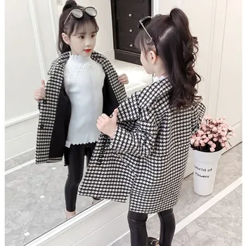 2019 Toamna Iarna Fete De Lână Sacou Fashion Design Palton Lung Pentru Fete Houndstooth Trenci Ofițeresc Copii Casual Îmbrăcăminte B210