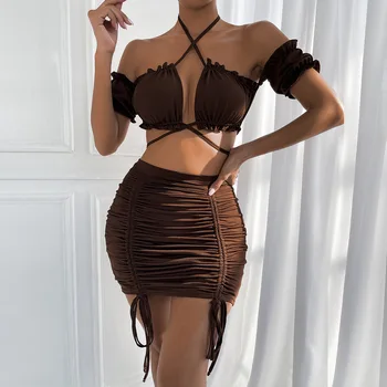2022 Vara Sexy De Pe Umăr Femei 2 Bucata Set Solid Short Sleeve Top De Cultură Skinny, Fuste Set De Potrivire Club De Noapte Partid Vestidos