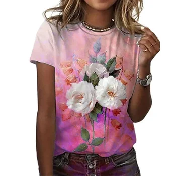 3D Model Floare Roz Gât Rotund Tricou Maneca Scurta Tricou Femei de zi cu Zi Top Casual de Vara de Îmbrăcăminte pentru Femei Nou