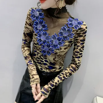 #9019 Leopard Tricou Femei Mozaic Floral Gât T Cămașă Femei Skinny Sexy Casual Vintage de Plasă de Bază T-shirt Femei 