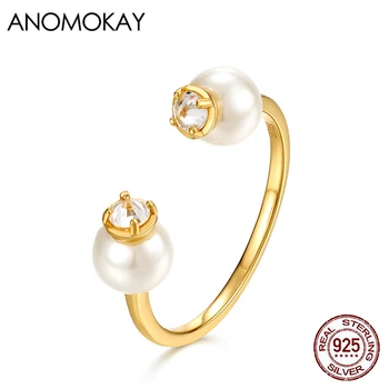 Anomokay Set cu Perla Rotunda Deschide Aur Culoare Inel de 100% Sterling 925 de Argint Inel Reglabil pentru Femei Fata de Partid Ziua de nastere Cadou