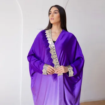 Caftan marocan Satin Dubai Abaya pentru Femei Panglica cu Pene V Gât Batwing Maneca Turcia arabă Musulmană Rochie Lunga Rochie de Seara