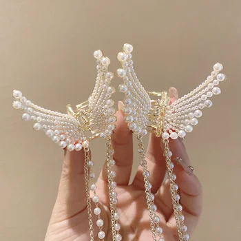 Coreeană Fluture de Gheare de Păr Pearl Ciucure Lung Ace de Păr pentru Femei Fată Elegant din Metal de Culoare de Aur Clip de Păr Bijuterii Accesorii
