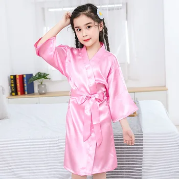 En-gros de Fete Solid Silk Satin Kimono Haine copii Copii Halat de baie Pijamale Baie cămașă de noapte pentru Nunta Spa Petrecere de Ziua de nastere
