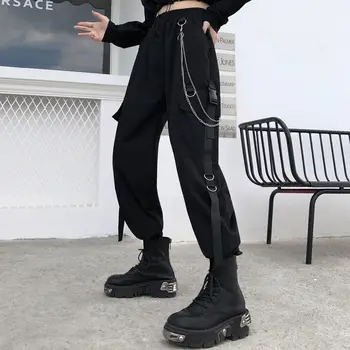 Femei Pantaloni Skinny Lanț Pantaloni Femei Joggeri Negru Casual Streetwear Feminin Pantaloni Stil Coreean Panglică Doamnelor Pantaloni
