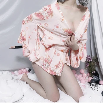 Femei Sexy Lenjerie Costum De Kimono Rochie De Noapte Pijamale Cămașă De Noapte Bandaj Adânc V A Se Vedea Prin Intermediul Sexy Pur Somn Rochie Fără Crac