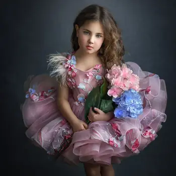 Fete drăguț Rochie de paradă pentru sedinta Foto Tul Boho Prima Comuniune Ziua Rochie cu Pene Roz de Flori Fete Dress