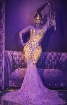 Gât Înalt Violet Stralucitoare Strasuri Tifon Trailing Lungi Rochie Pentru Femei Festival Petrecere Îmbrăcăminte Costum De Scenă De Seară
