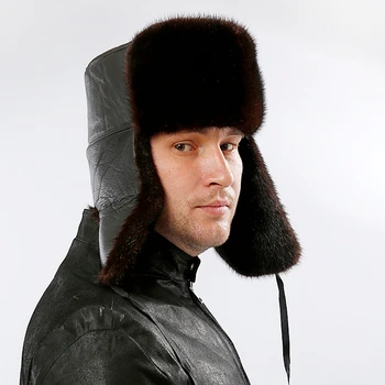 Iarna Bomber Pălărie Bărbați din Piele naturală de Zăpadă Leifeng Pălării ruse de sex Masculin Real Blană de Nurcă Bombardier Pălărie de blană cu solide Urechi Capac