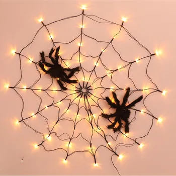 LED-uri Alb Cald Portocaliu Purpuriu Spider Web Lumini cu Spider, 8 Moduri de Lumina Pânză de păianjen Halloween Decoratiuni pentru Gradina Curte Acasă