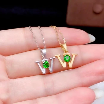 Litera W stil verde diopsid piatră prețioasă colier pandantiv pentru femei bijuterii fine de culoare verde natural gem real argint 925 cadou