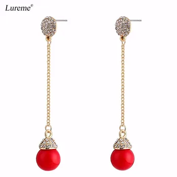 Lureme Elegant 12mm Imitație Red Pearl Lanț Lung Legăna Cercei pentru Femei Bijuterii de Nunta Earing Brincos