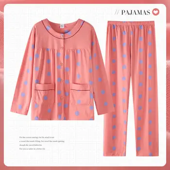 Maneca Lunga Set De Pijama Pentru Femei Femme Haine De Acasă 2 Bucati Sleepwear O De Gât Buline Homewear Primavara Toamna Camasa De Noapte, Costume