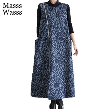 Masss Wasss Femei Vintage Cu Fermoar Design Vrac Rochie Vesta 2022 Primăvară Britanic Stil Casual Elegant Lung Vestidos O-Gât Rochii
