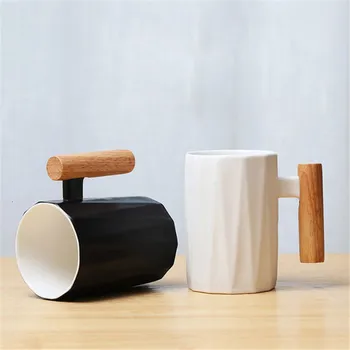 Negru, Alb stil Ceramice, Cani de Cafea din Lemn cu Maner Lingura de Apa Ceai Lapte Cana de Birou Acasă Drinkware Cadou