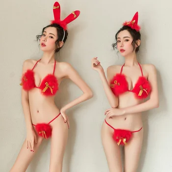 Noua Sexy Santa Lenjerie Doamna Crăciun Roșu de Catifea Pufoasa Bikini Seturi Sutien G-String Thong Pălărie 3Pcs Bandaj Exotice Set cu Pene