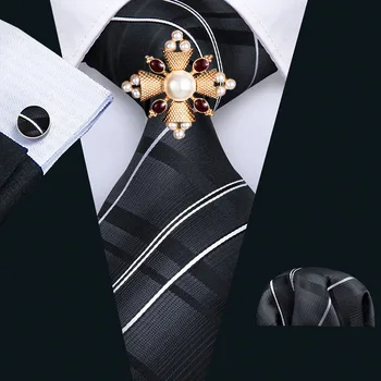 Noutatea cu Dungi Barbati 8.5 cm Negru Cravata de Matase 100% Poliester cu Cravata, Batista, Butoni Brosa Set Pentru Nunta Bărbați Corbatas N-5005