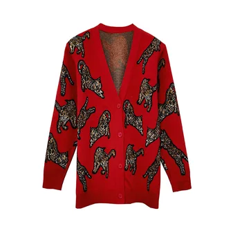 Pistă de moda de Brand Nou Roșu Mic Tigru Jacquard V-Neck Knit Cardigan pentru Femei Pulover Jacheta 2022 Toamna Iarna Noi
