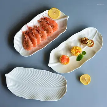 Plăci Ceramice Placă Dreptunghiulară Albă Frunze De Banane Pește El Set Sushi Acasă Dim Sum Bucatarie Farfurii Seturi
