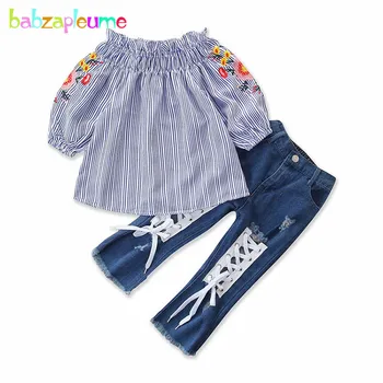 Primăvara Fete Copil de tip Boutique de Haine de Moda cu Maneci Lungi Benzi de Broderie Floare tricou+Blugi Pentru Copii Seturi de Îmbrăcăminte BC1757