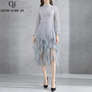 Qian Han Zi designer de moda în Cascadă Zburli rochie maneca Lunga epocă Plasă de paiete elegante de petrecere dantela midi rochie de vara Femei