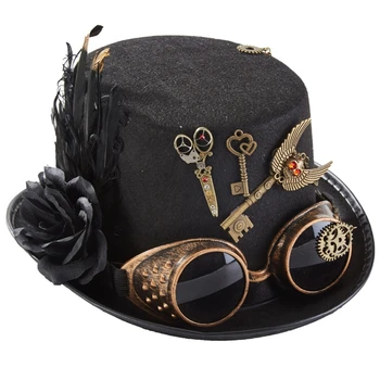 Retro Pălărie Steampunk Victorian Pălărie cu Pene de Flori, Unelte de Ochelari de Lanț Pălărie de Top Punk Accesorii pentru Rochie de Petrecere