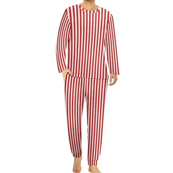 Roșie Verticală Pijama Cu Dungi Toamna Linii Albe De Imprimare Estetice Pijamale Om Grafic Mâneci Lungi La Modă De Mari Dimensiuni Set De Pijama