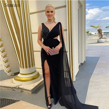 Sumnus Negru Șifon Rochii De Seară Mare Parte Împărțit În Robe De Soirée Sexy Abendkleider Dubai Pentru Femei De Bal, Rochii De Petrecere