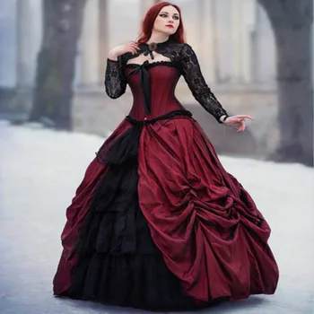 Uimitor Roșu Și Negru Gotic Rochie de Mireasa Rochie de Bal Medieval Vampir Rochie de Mireasa Dantelă-Up ' 50 Rochii de Mireasa robe de mariee 2019