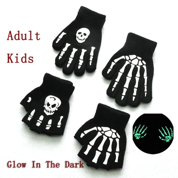 Unisex Pentru Adulți Mănuși De Halloween, Schelet, Craniu Jumătate Degetul Mănuși De Strălucire În Întuneric Fără Degete Și Întinde Cald Tricotate De Iarna, Manusi