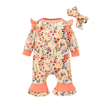 Zbor Maneca Print Floral Baby Girl Haine Pentru Nou-Născut Romper Cu Nervuri Salopeta Pantaloni Flare Tricotate Haine Pentru Copii Drăguț Vladan